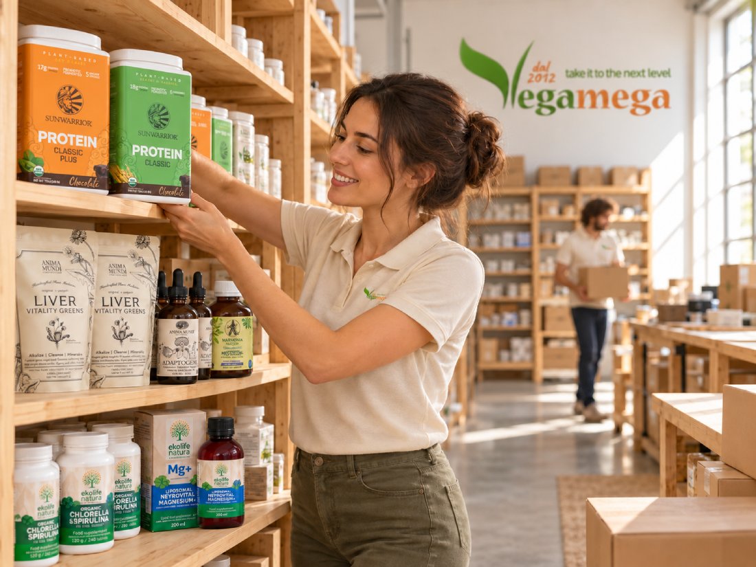 Selezione di integratori vegani e naturali nel magazzino Vegamega