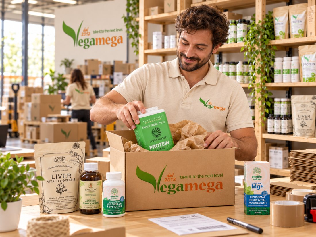 Preparazione degli ordini di integratori vegani nel magazzino Vegamega